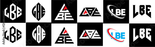 LBE letter logo design in six style. LBE polygon, circle, triangle, hexagon, flat and simple style with black and white color variation letter logo set in one artboard. LBE minimalist and classic logo