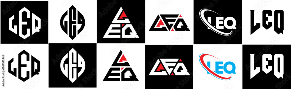 LEQ letter logo design in six style. LEQ polygon, circle, triangle, hexagon, flat and simple style with black and white color variation letter logo set in one artboard. LEQ minimalist and classic logo LEQ letter logo design in six style. LEQ polygon, circle, triangle, hexagon, flat and simple style with black and white color variation letter logo set in one artboard. LEQ minimalist and classic logo