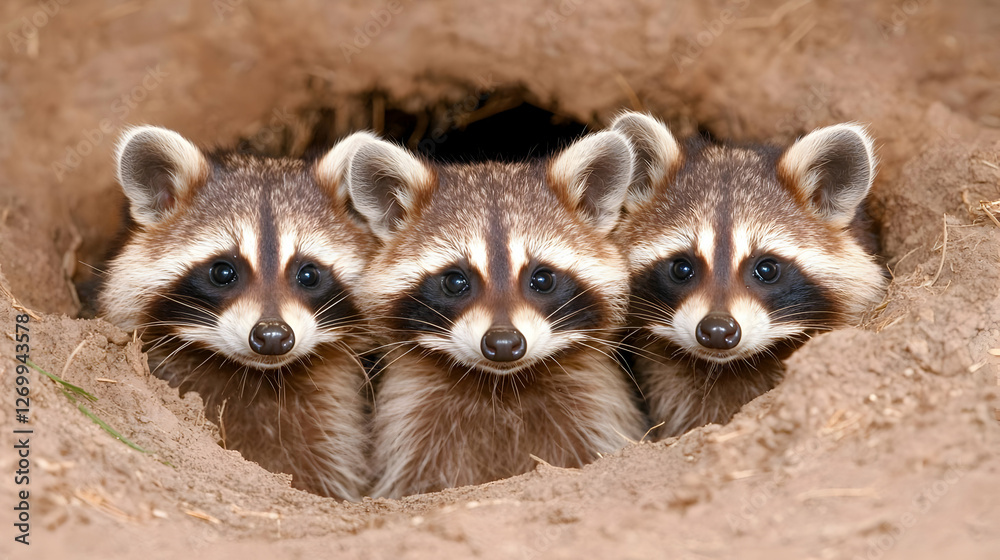 Three baby raccoons peeking from burrow, forest background, wildlife photography Three baby raccoons peeking from burrow, forest background, wildlife photography
