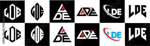 LDE letter logo design in six style. LDE polygon, circle, triangle, hexagon, flat and simple style with black and white color variation letter logo set in one artboard. LDE minimalist and classic logo