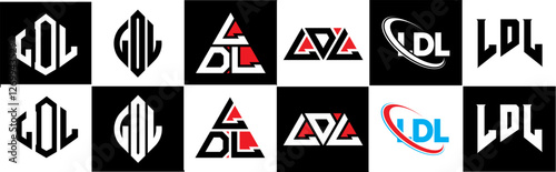 LDL letter logo design in six style. LDL polygon, circle, triangle, hexagon, flat and simple style with black and white color variation letter logo set in one artboard. LDL minimalist and classic logo