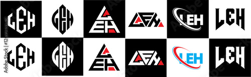 LEH letter logo design in six style. LEH polygon, circle, triangle, hexagon, flat and simple style with black and white color variation letter logo set in one artboard. LEH minimalist and classic logo