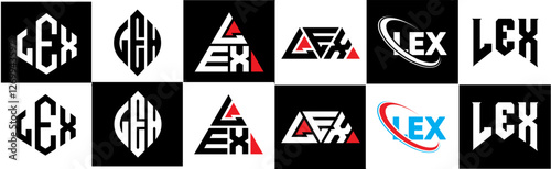 LEX letter logo design in six style. LEX polygon, circle, triangle, hexagon, flat and simple style with black and white color variation letter logo set in one artboard. LEX minimalist and classic logo