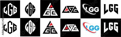 LGG letter logo design in six style. LGG polygon, circle, triangle, hexagon, flat and simple style with black and white color variation letter logo set in one artboard. LGG minimalist and classic logo