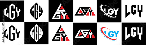LGY letter logo design in six style. LGY polygon, circle, triangle, hexagon, flat and simple style with black and white color variation letter logo set in one artboard. LGY minimalist and classic logo