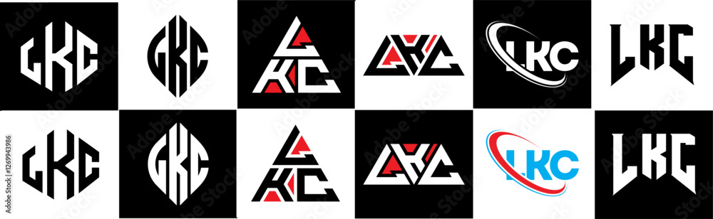 LKC letter logo design in six style. LKC polygon, circle, triangle, hexagon, flat and simple style with black and white color variation letter logo set in one artboard. LKC minimalist and classic logo LKC letter logo design in six style. LKC polygon, circle, triangle, hexagon, flat and simple style with black and white color variation letter logo set in one artboard. LKC minimalist and classic logo