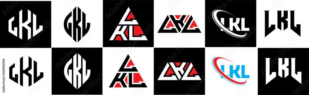 LKL letter logo design in six style. LKL polygon, circle, triangle, hexagon, flat and simple style with black and white color variation letter logo set in one artboard. LKL minimalist and classic logo LKL letter logo design in six style. LKL polygon, circle, triangle, hexagon, flat and simple style with black and white color variation letter logo set in one artboard. LKL minimalist and classic logo