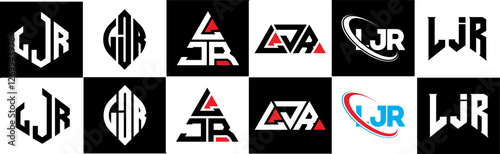 LJR letter logo design in six style. LJR polygon, circle, triangle, hexagon, flat and simple style with black and white color variation letter logo set in one artboard. LJR minimalist and classic logo