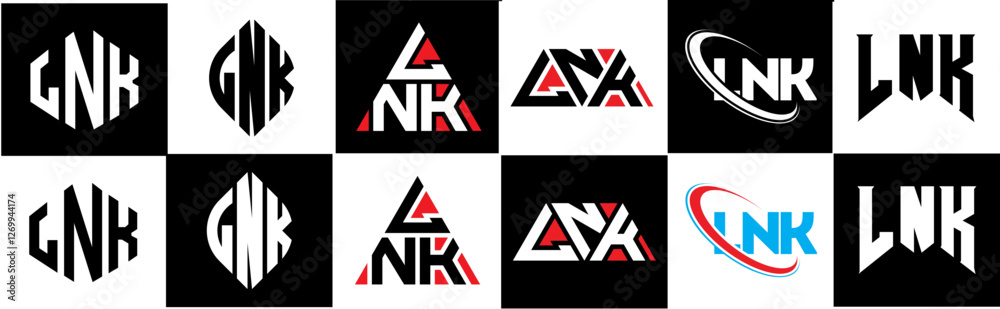 LNK letter logo design in six style. LNK polygon, circle, triangle, hexagon, flat and simple style with black and white color variation letter logo set in one artboard. LNK minimalist and classic logo LNK letter logo design in six style. LNK polygon, circle, triangle, hexagon, flat and simple style with black and white color variation letter logo set in one artboard. LNK minimalist and classic logo