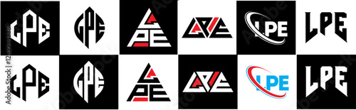 LPE letter logo design in six style. LPE polygon, circle, triangle, hexagon, flat and simple style with black and white color variation letter logo set in one artboard. LPE minimalist and classic logo