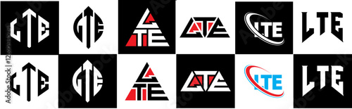 LTE letter logo design in six style. LTE polygon, circle, triangle, hexagon, flat and simple style with black and white color variation letter logo set in one artboard. LTE minimalist and classic logo