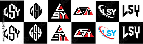 LSY letter logo design in six style. LSY polygon, circle, triangle, hexagon, flat and simple style with black and white color variation letter logo set in one artboard. LSY minimalist and classic logo