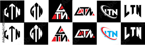 LTN letter logo design in six style. LTN polygon, circle, triangle, hexagon, flat and simple style with black and white color variation letter logo set in one artboard. LTN minimalist and classic logo