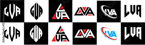 LVA letter logo design in six style. LVA polygon, circle, triangle, hexagon, flat and simple style with black and white color variation letter logo set in one artboard. LVA minimalist and classic logo photo