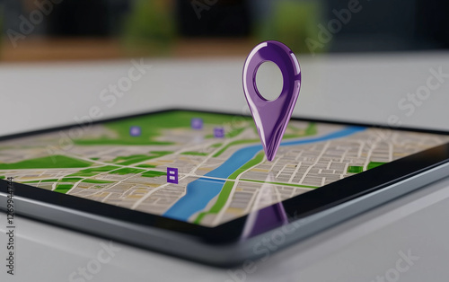 Map with location pin on tablet displaying city map. Location pin on map. Map on tablet