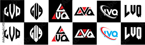 Free Download LVQ letter logo design in six style. LVQ polygon, circle, triangle, hexagon, flat and simple style with black and white color variation letter logo set in one artboard. LVQ minimalist and classic logo - GFXLoad