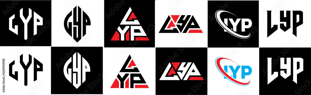 LYP letter logo design in six style. LYP polygon, circle, triangle, hexagon, flat and simple style with black and white color variation letter logo set in one artboard. LYP minimalist and classic logo LYP letter logo design in six style. LYP polygon, circle, triangle, hexagon, flat and simple style with black and white color variation letter logo set in one artboard. LYP minimalist and classic logo