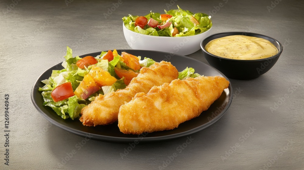 Crispy Fried Fish with Fresh Salad and Delicious Sauce - A Perfect Meal Crispy Fried Fish with Fresh Salad and Delicious Sauce - A Perfect Meal