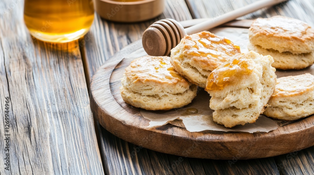 Honey Drizzled Biscuits on Wooden Board - Perfect for Breakfast or Brunch Honey Drizzled Biscuits on Wooden Board - Perfect for Breakfast or Brunch