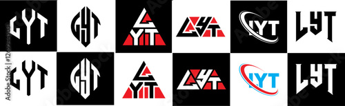 LYT letter logo design in six style. LYT polygon, circle, triangle, hexagon, flat and simple style with black and white color variation letter logo set in one artboard. LYT minimalist and classic logo