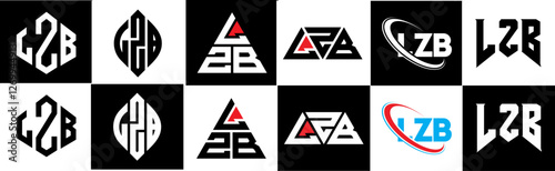 LZB letter logo design in six style. LZB polygon, circle, triangle, hexagon, flat and simple style with black and white color variation letter logo set in one artboard. LZB minimalist and classic logo