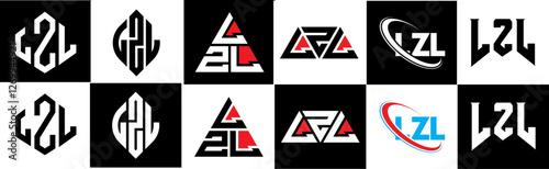 LZL letter logo design in six style. LZL polygon, circle, triangle, hexagon, flat and simple style with black and white color variation letter logo set in one artboard. LZL minimalist and classic logo