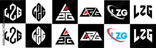 LZG letter logo design in six style. LZG polygon, circle, triangle, hexagon, flat and simple style with black and white color variation letter logo set in one artboard. LZG minimalist and classic logo