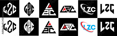 LZC letter logo design in six style. LZC polygon, circle, triangle, hexagon, flat and simple style with black and white color variation letter logo set in one artboard. LZC minimalist and classic logo