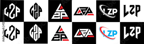 LZP letter logo design in six style. LZP polygon, circle, triangle, hexagon, flat and simple style with black and white color variation letter logo set in one artboard. LZP minimalist and classic logo