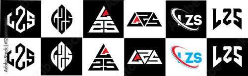 LZS letter logo design in six style. LZS polygon, circle, triangle, hexagon, flat and simple style with black and white color variation letter logo set in one artboard. LZS minimalist and classic logo