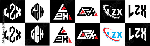 LZX letter logo design in six style. LZX polygon, circle, triangle, hexagon, flat and simple style with black and white color variation letter logo set in one artboard. LZX minimalist and classic logo