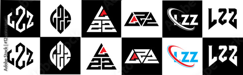 LZZ letter logo design in six style. LZZ polygon, circle, triangle, hexagon, flat and simple style with black and white color variation letter logo set in one artboard. LZZ minimalist and classic logo