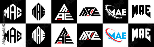 MAE letter logo design in six style. MAE polygon, circle, triangle, hexagon, flat and simple style with black and white color variation letter logo set in one artboard. MAE minimalist and classic logo