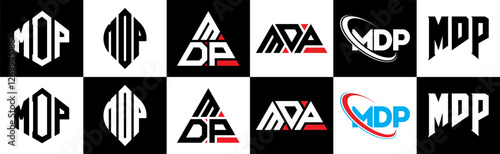 MDP letter logo design in six style. MDP polygon, circle, triangle, hexagon, flat and simple style with black and white color variation letter logo set in one artboard. MDP minimalist and classic logo