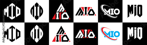 MIO letter logo design in six style. MIO polygon, circle, triangle, hexagon, flat and simple style with black and white color variation letter logo set in one artboard. MIO minimalist and classic logo