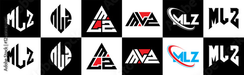 MLZ letter logo design in six style. MLZ polygon, circle, triangle, hexagon, flat and simple style with black and white color variation letter logo set in one artboard. MLZ minimalist and classic logo