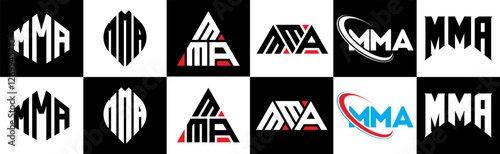 MMA letter logo design in six style. MMA polygon, circle, triangle, hexagon, flat and simple style with black and white color variation letter logo set in one artboard. MMA minimalist and classic logo