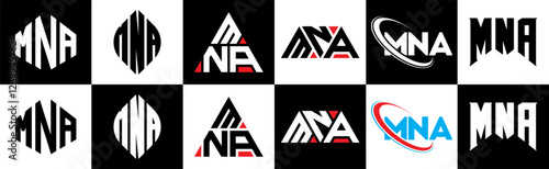 MNA letter logo design in six style. MNA polygon, circle, triangle, hexagon, flat and simple style with black and white color variation letter logo set in one artboard. MNA minimalist and classic logo