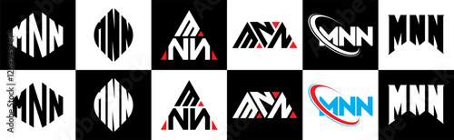 MNN letter logo design in six style. MNN polygon, circle, triangle, hexagon, flat and simple style with black and white color variation letter logo set in one artboard. MNN minimalist and classic logo photo