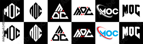 MOC letter logo design in six style. MOC polygon, circle, triangle, hexagon, flat and simple style with black and white color variation letter logo set in one artboard. MOC minimalist and classic logo