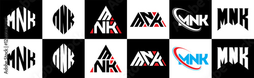 MNK letter logo design in six style. MNK polygon, circle, triangle, hexagon, flat and simple style with black and white color variation letter logo set in one artboard. MNK minimalist and classic logo