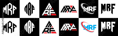 MRF letter logo design in six style. MRF polygon, circle, triangle, hexagon, flat and simple style with black and white color variation letter logo set in one artboard. MRF minimalist and classic logo