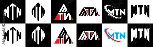 MTN letter logo design in six style. MTN polygon, circle, triangle, hexagon, flat and simple style with black and white color variation letter logo set in one artboard. MTN minimalist and classic logo