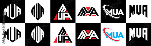 MUA letter logo design in six style. MUA polygon, circle, triangle, hexagon, flat and simple style with black and white color variation letter logo set in one artboard. MUA minimalist and classic logo