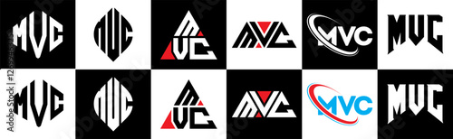 MVC letter logo design in six style. MVC polygon, circle, triangle, hexagon, flat and simple style with black and white color variation letter logo set in one artboard. MVC minimalist and classic logo