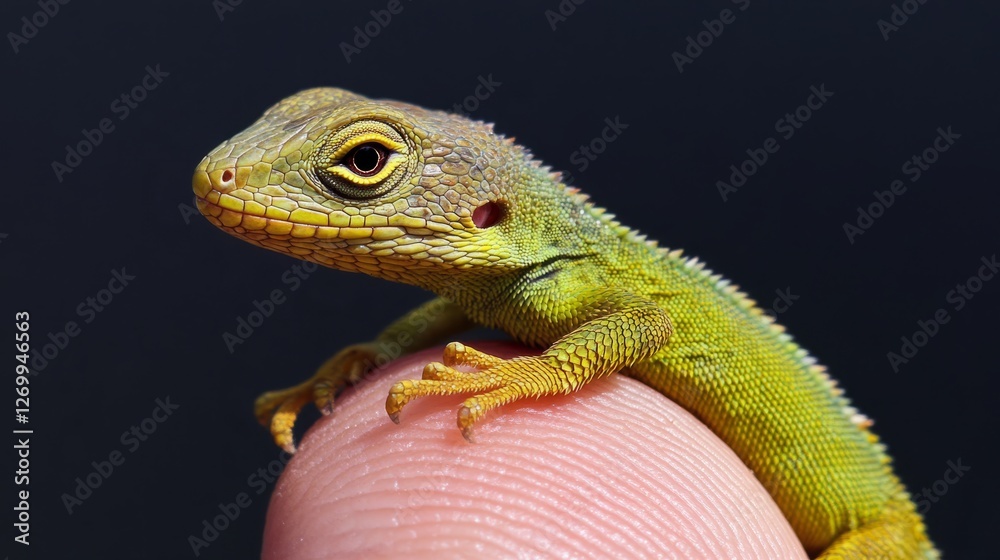 Naklejka premium Green lizard on the finger, high-resolution stock photography, high-definition realistic photography, highly detailed 