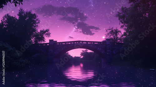 Bridge over the river, pink and purple sky with stars. seamless looping time-lapse video animation background. beautiful simple ai generated image. Cosmic River Gods. Illustration