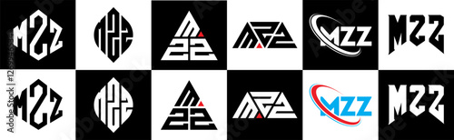 MZZ letter logo design in six style. MZZ polygon, circle, triangle, hexagon, flat and simple style with black and white color variation letter logo set in one artboard. MZZ minimalist and classic logo