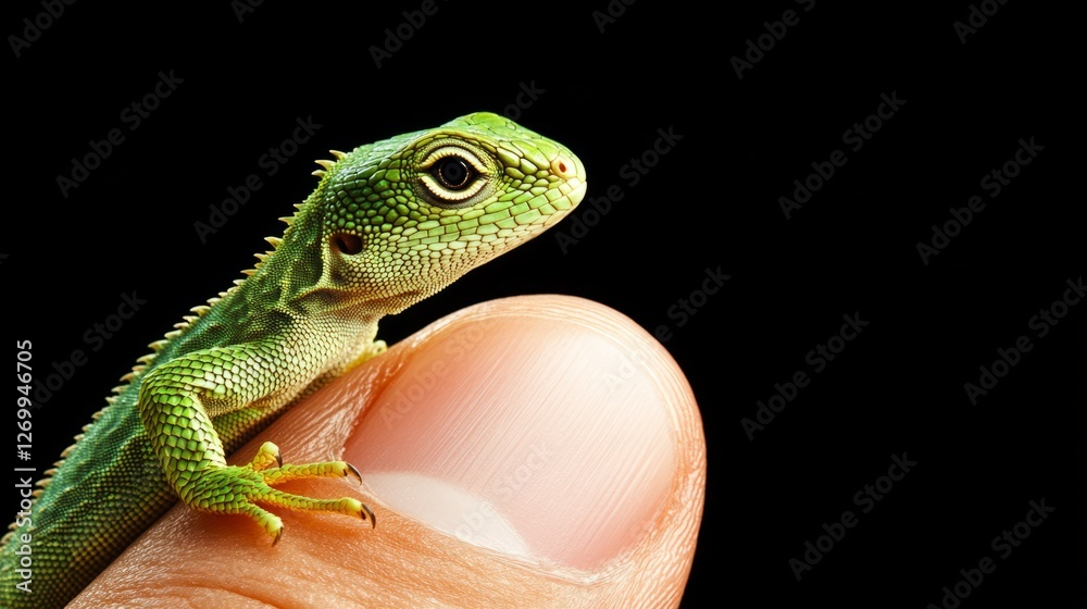Fototapeta premium Green lizard on the finger, high-resolution stock photography, high-definition realistic photography, highly detailed 