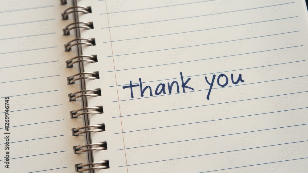 Handwritten thank you message in blue ink on notebook page Handwritten thank you message in blue ink on notebook page